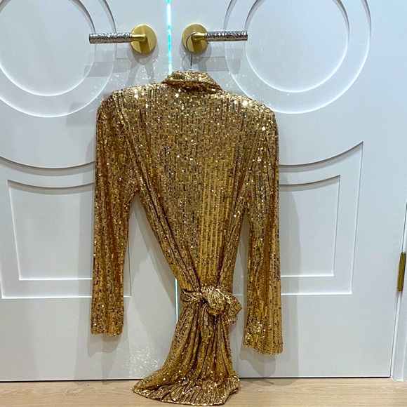Zara Gold Sequin Mini Wrap Dress w Shoulder Pads - Picture 8 of 10